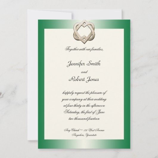Celtic Hearts on Green Gradient Wedding Invitation Kaart (Voorkant)