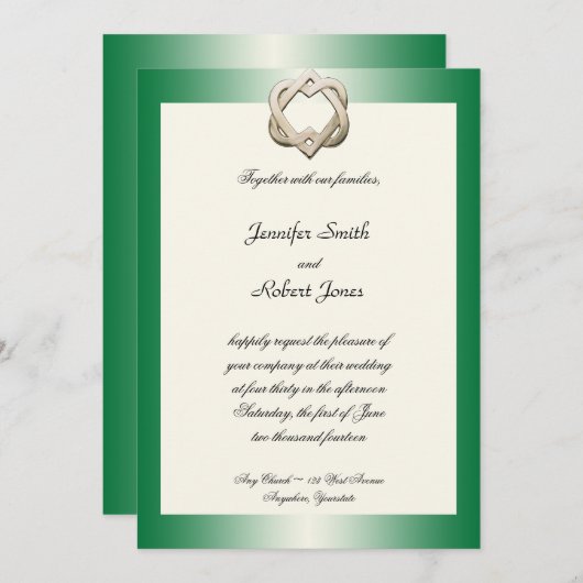 Celtic Hearts on Green Gradient Wedding Invitation Kaart (Voorkant / Achterkant)