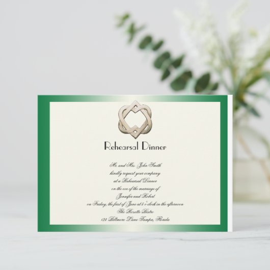 Celtic Hearts on Green Gradient Wedding Rehearsal Kaart (Staand voorkant)