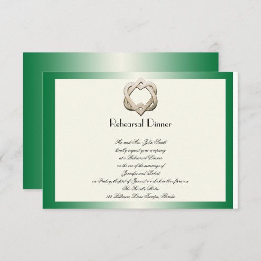Celtic Hearts on Green Gradient Wedding Rehearsal Kaart (Voorkant / Achterkant)