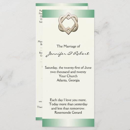 Celtic Hearts op Green Gradient Wedding Program Programmakaart (Voorkant / Achterkant)