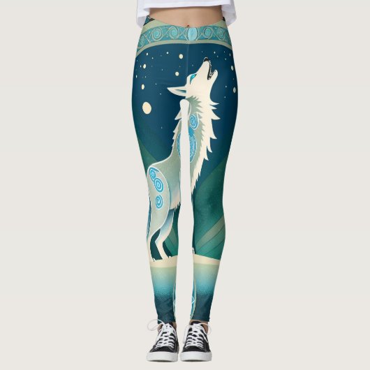 Celtic Howling Wolf ontwerp Leggings in Blue Tones (Voorkant)
