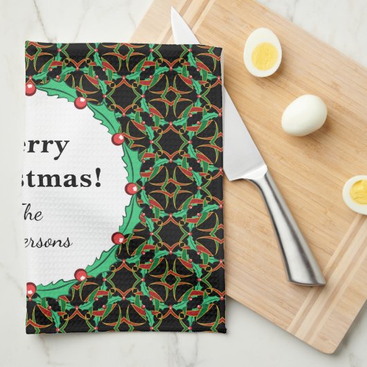 Celtic KerstHolly Wreath Pattern - Gepersonaliseer Theedoek (Quarter Fold)