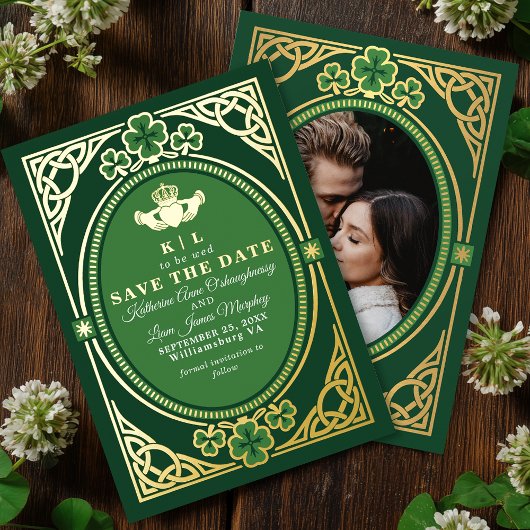 Celtic Knot Claddagh Shamrock Bewaar de Datum Folie Uitnodiging
