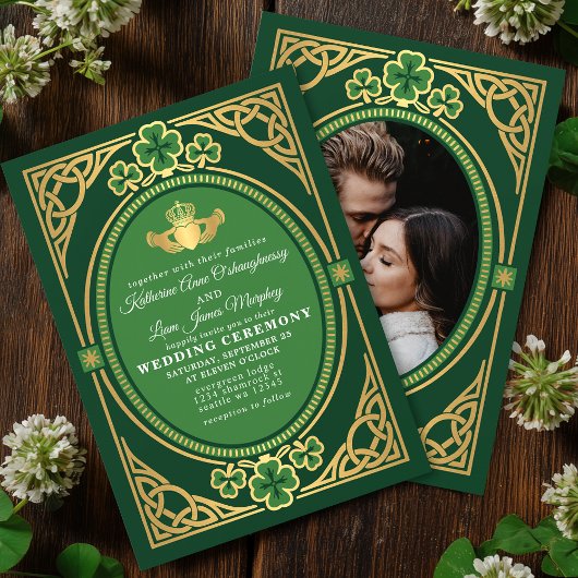 Celtic Knot Claddagh Shamrock Wedding Green Photo Kaart
