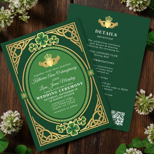 Celtic Knot Claddagh Shamrock Wedding Green QR Kaart