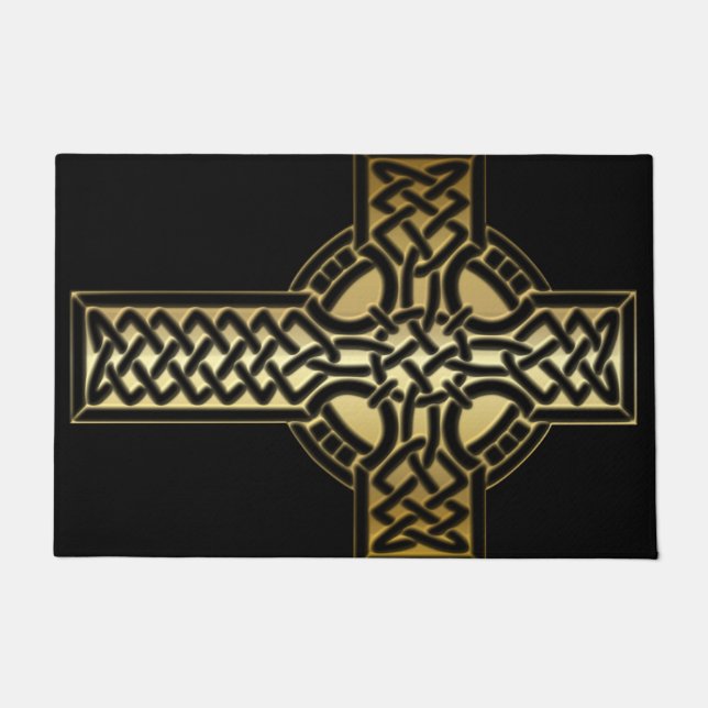 Celtic Knot Cross in Gold en Black Vloermat Deurmat (Voorkant)