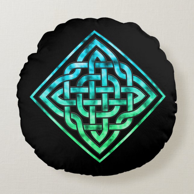 Celtic Knot - Diamond Blue Green Rond Kussen (Voorkant)