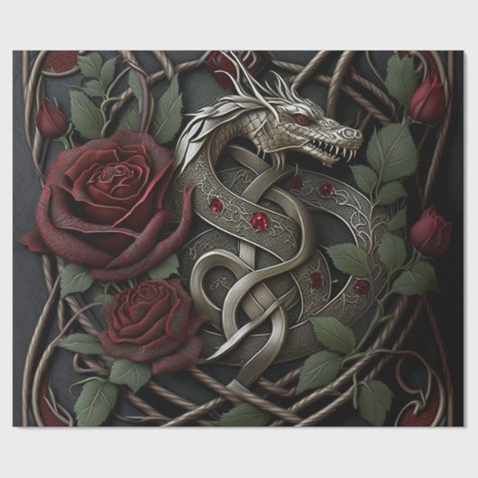 Celtic Knot Dragon Gothic Red Roses Cadeaupapier (Vlak)