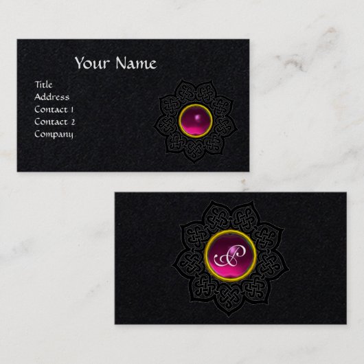 CELTIC KNOT FLOWER FUCHSIA GEMSTONE MONOGRAM Black Visitekaartje (Voorkant / Achterkant)