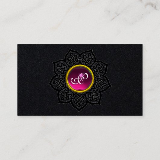 CELTIC KNOT FLOWER FUCHSIA GEMSTONE MONOGRAM Black Visitekaartje (Achterkant)