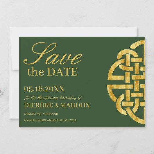Celtic Knot Green & Gold Handfasting Save The Date (Voorkant)