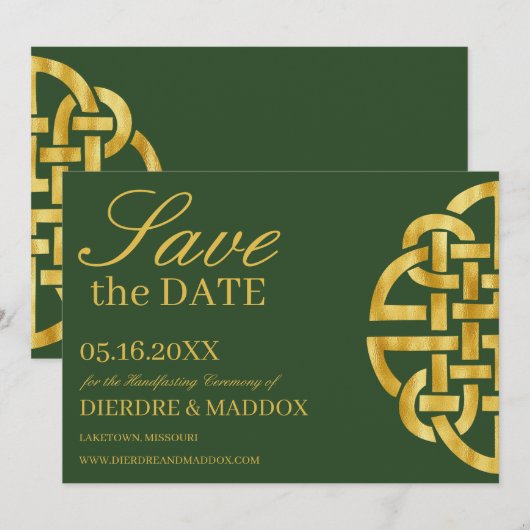 Celtic Knot Green & Gold Handfasting Save The Date (Voorkant / Achterkant)