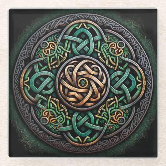 Celtic Knot Green Gold Knotwork Glazen Onderzetter (Voorkant)