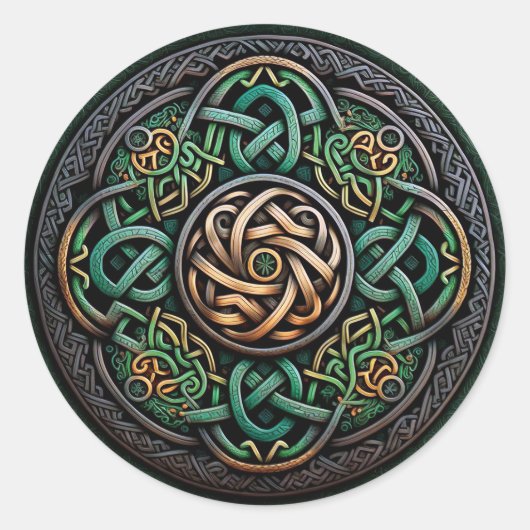 Celtic Knot Green Gold Knotwork Ronde Sticker (Voorkant)