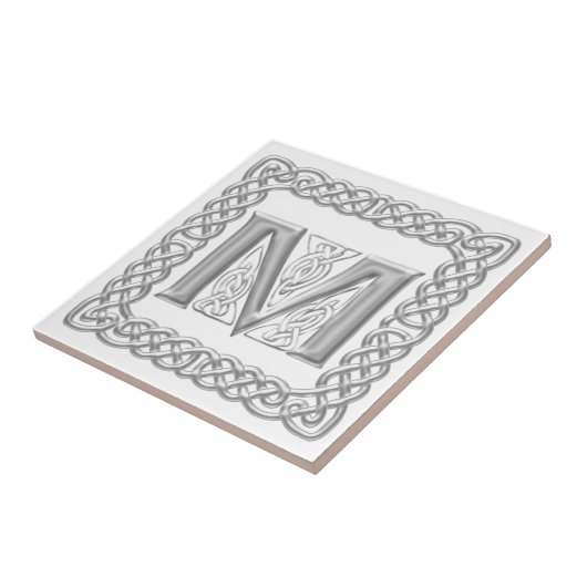 Celtic Knot Monogram Silver Effect Letter M Tile Tegeltje (Zijkant)
