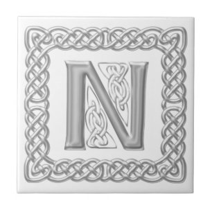 Celtic Knot Monogram Silver Effect Letter N Tile Tegeltje