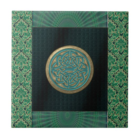 Celtic Knot on Black and Green Brocade Pattern Tegeltje (Voorkant)