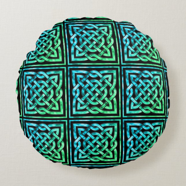 Celtic Knot - Square Blue Green Rond Kussen (Voorkant)