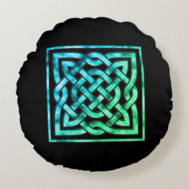 Celtic Knot - Square Blue Green Rond Kussen (Voorkant)