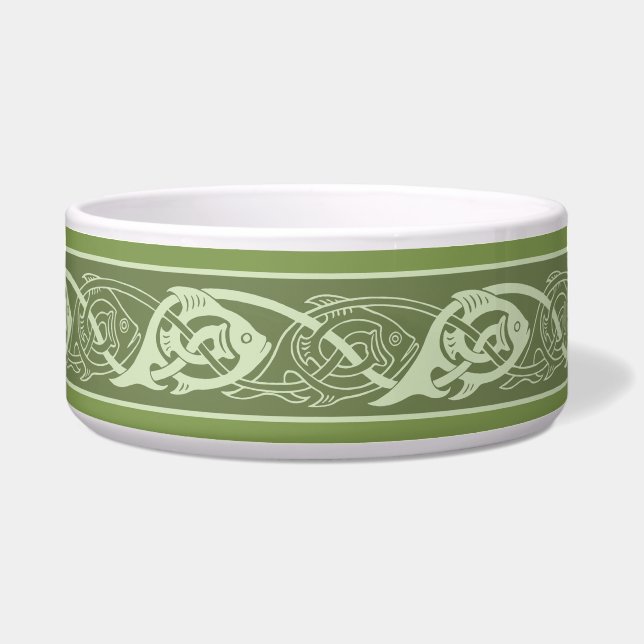 Celtic Knotwork Fish in Green Ceramic Pet Bowl. Voerbakje (Voorkant)