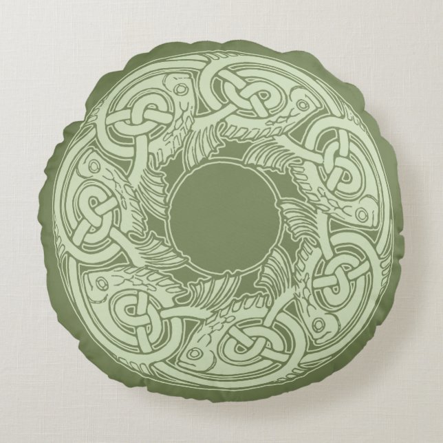Celtic Knotwork Fish in Green Rond Kussen (Voorkant)