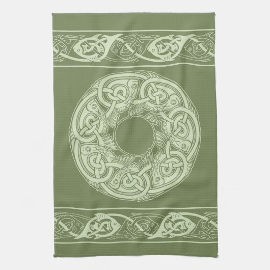 Celtic Knotwork Fish in Green Theedoek (Verticaal)
