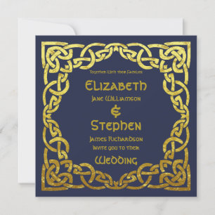 Celtic Navy Blue   Faux Gold Celtic Knot Wedding Kaart