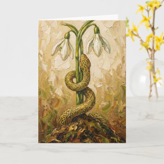 Celtic Snake Snowdrops Imbolc Rebirth Fantasy Art Kaart (Gele Bloem)