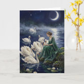 Celtic Swans Moonlit Lake Night Fantasy Art Kaart (Gele Bloem)