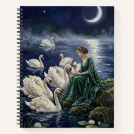 Celtic Swans Moonlit Lake Night Fantasy Art Notitieboek