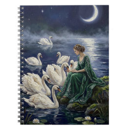 Celtic Swans Moonlit Lake Night Fantasy Art Notitieboek