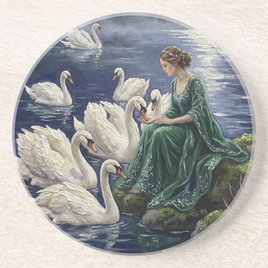 Celtic Swans Moonlit Lake Night Fantasy Art Zandsteen Onderzetter (Voorkant)