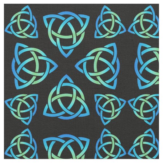 Celtic Triquetra Pattern Blues and Green on Black Stof (Close Up)