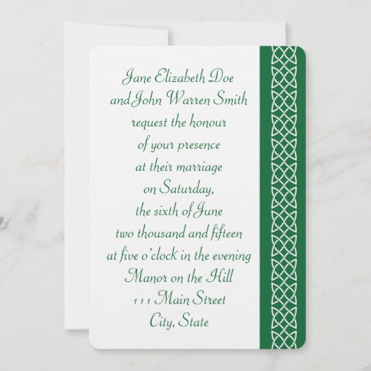Celtic Weave Hearts in Green Wedding Invitation Kaart (Voorkant)