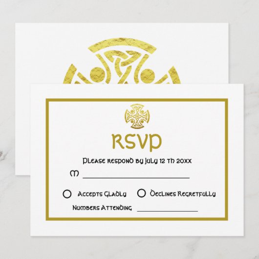Celtic Wedding Faux Gold Celtic Knot Cross RSVP Kaart (Voorkant / Achterkant)