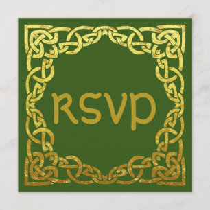 Celtic Wedding Green   Faux Gold Celtic Knot RSVP Kaart