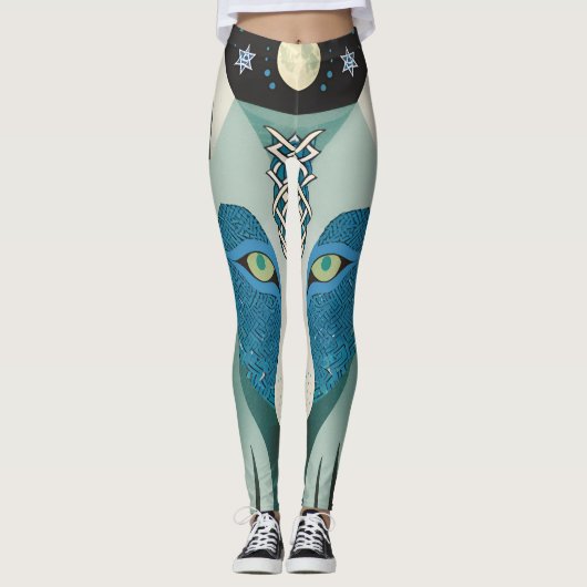 Celtic Wolf Eyes Leggings met Volle Maan & Sterren (Voorkant)