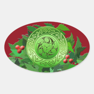 Celtic Yule Spiraal met Holly Ovale Sticker