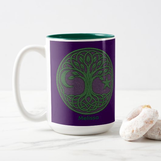 Celtische Levensboom Aangepaste Naam Tweekleurige Koffiemok (Met donut)