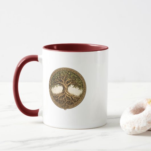 Celtische Levensboom Twee-Tons Karmozijnrode Koffi Mok (Met donut)