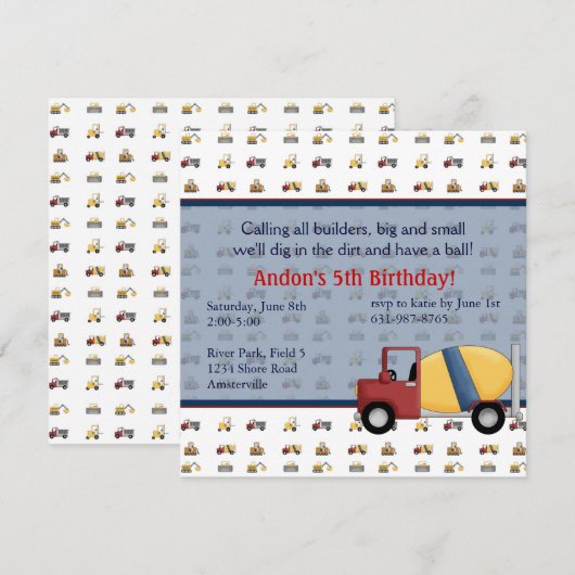 Cement Truck Invitation Kaart (Voorkant / Achterkant)