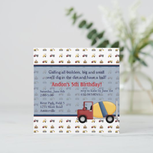 Cement Truck Invitation Kaart (Staand voorkant)