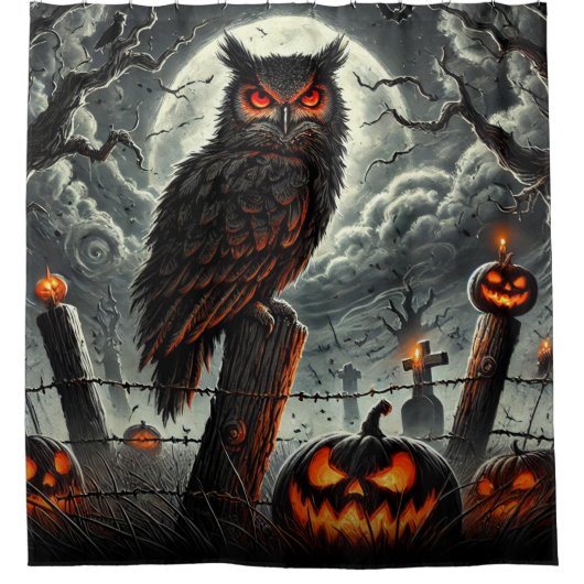 Cemetery Night Owl Spooky San Glow Halloween Party Douchegordijn (Voorkant)