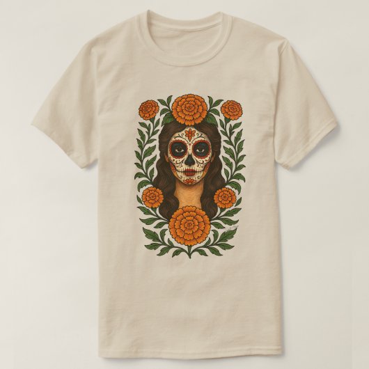 Cempasúchil Aztec Marigolds Botanische Catrina T-shirt (Design voorkant)