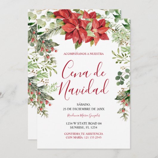 Cena De Navidad Christmas Greenery Spanish Dinner Kaart (Voorkant / Achterkant)