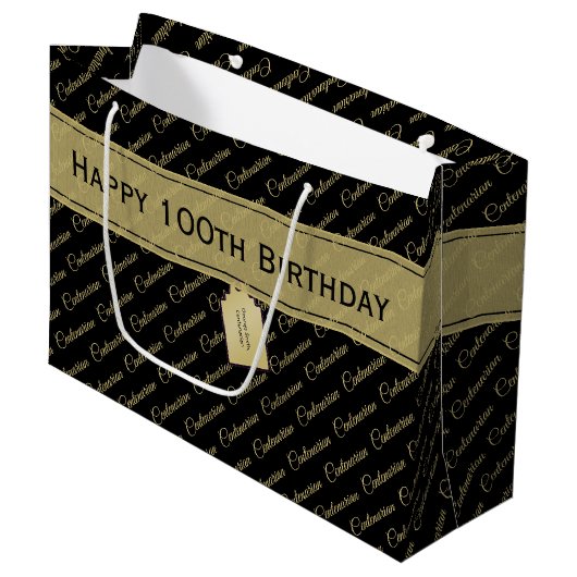 Centenarian Zwart/Goud Typografie Patroon - 100th Groot Cadeauzakje (Voorkant Gekanteld)