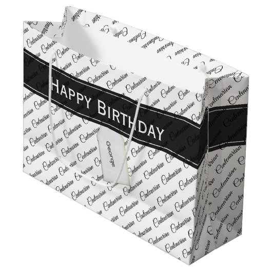 Centenarisch zwart / wit typografie patroon - 100t groot cadeauzakje (Voorkant Gekanteld)
