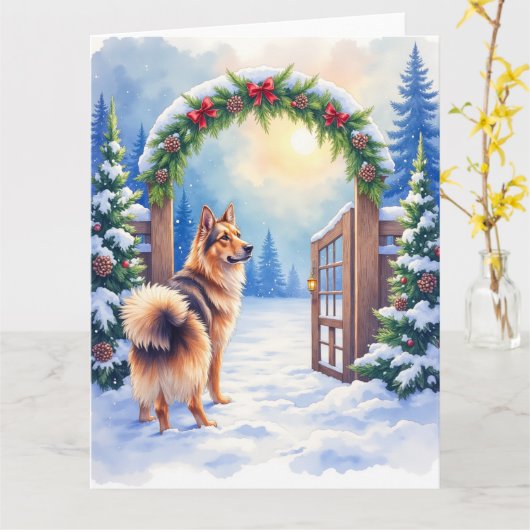 Central Asian Shepherd Snowy Gate Christmas Art Kaart (Gele Bloem)