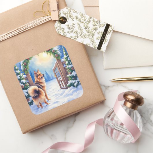 Central Asian Shepherd Snowy Gate Christmas Art Vierkante Sticker (Geschenken)